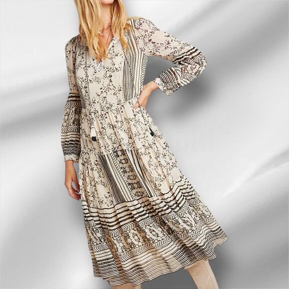 ANTHROPOLOGIE Women’s Talulah Tiered Midi Dress in the Size Small Neutral Motif - Picture 6 of 16